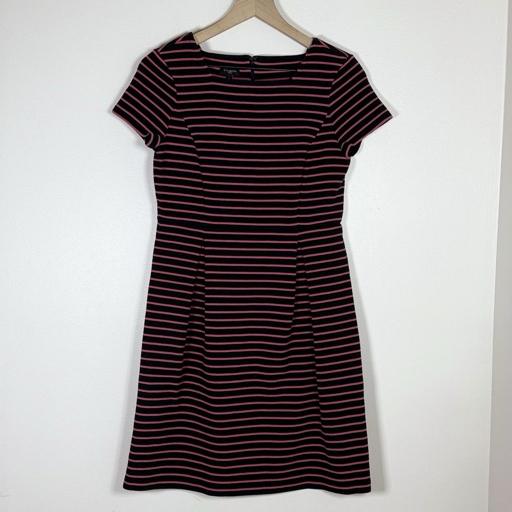 Talbots Petites Womens Dress 4P Black Pink Stripe Fit & Flare Career Stretch